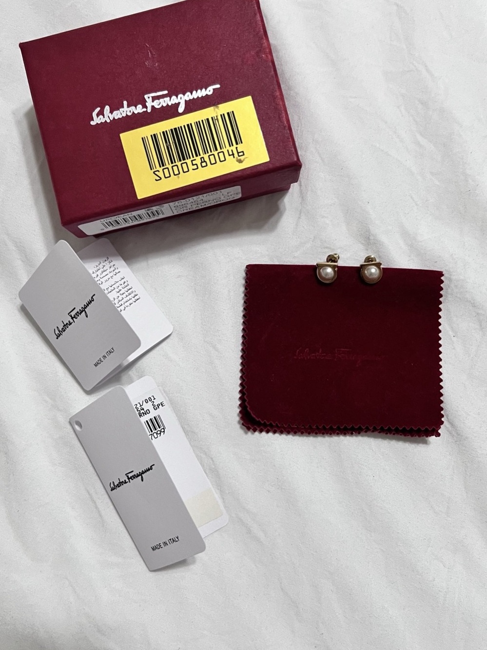 Salvatore Ferragamo Gancini Pearl Stud Earrings Gold & White - Picture 3 of 6
